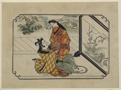 Handgekleurde ukiyo-e print Twee geliefden omhelzen elkaar voor een beschilderd scherm door Hishikawa Moronobu